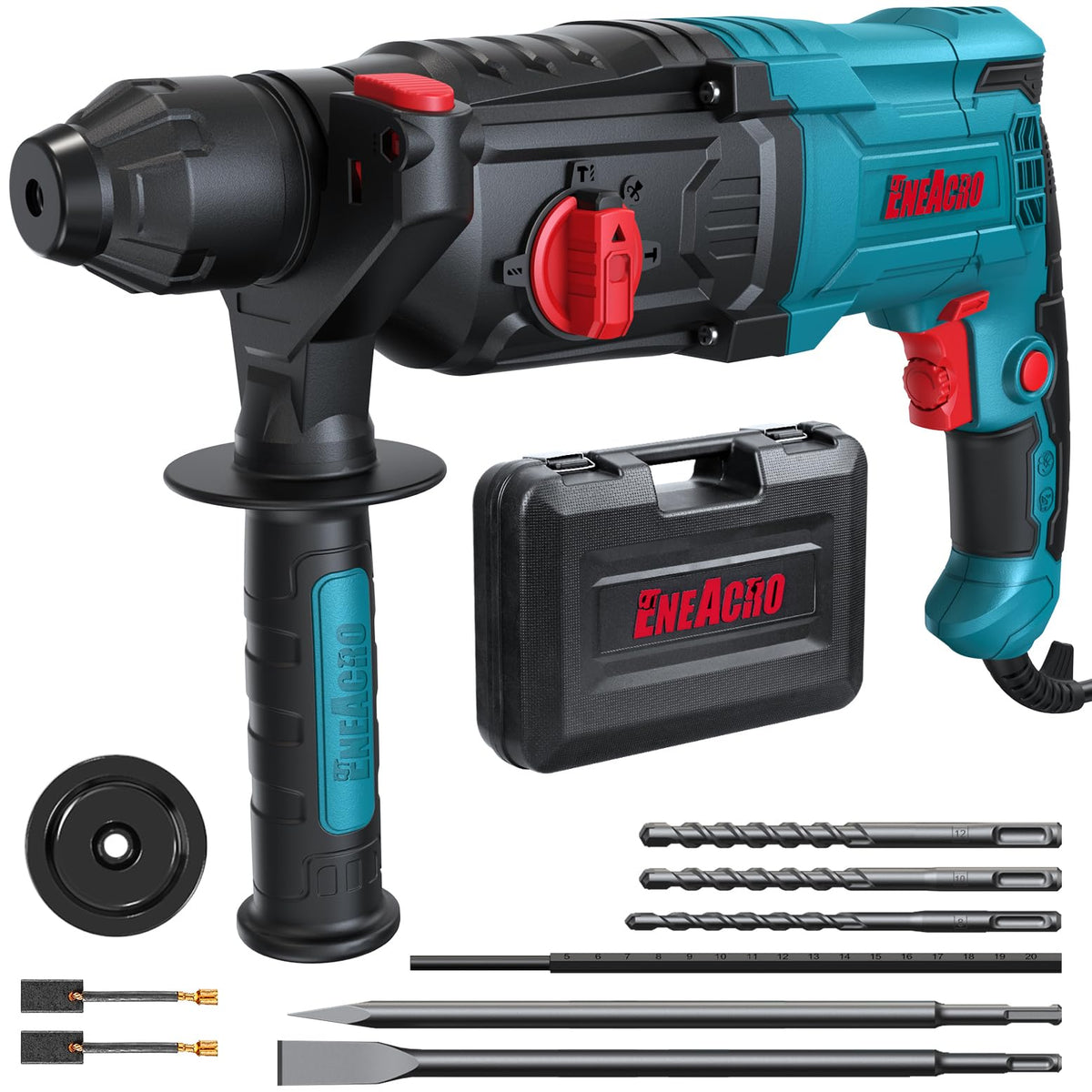 ENEACRO SDS-Plus Bohrhammer 26mm – 4 Funktionen Komplett-Set. Roter Bohrhammer zum kraftvollen Bohren und Meißeln in Beton und Mauerwerk.