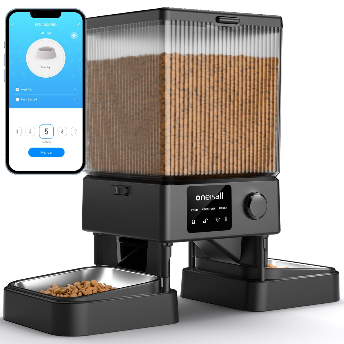 oneisall Futterautomat Katze 5L mit WiFi, 2 Näpfe und App-Steuerung, Futterspender mit zwei Edelstahlschüsseln