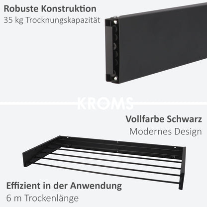 KROMS Wandwäscheständer ausziehbar XL Schwarz, 6 m Trockenlänge
