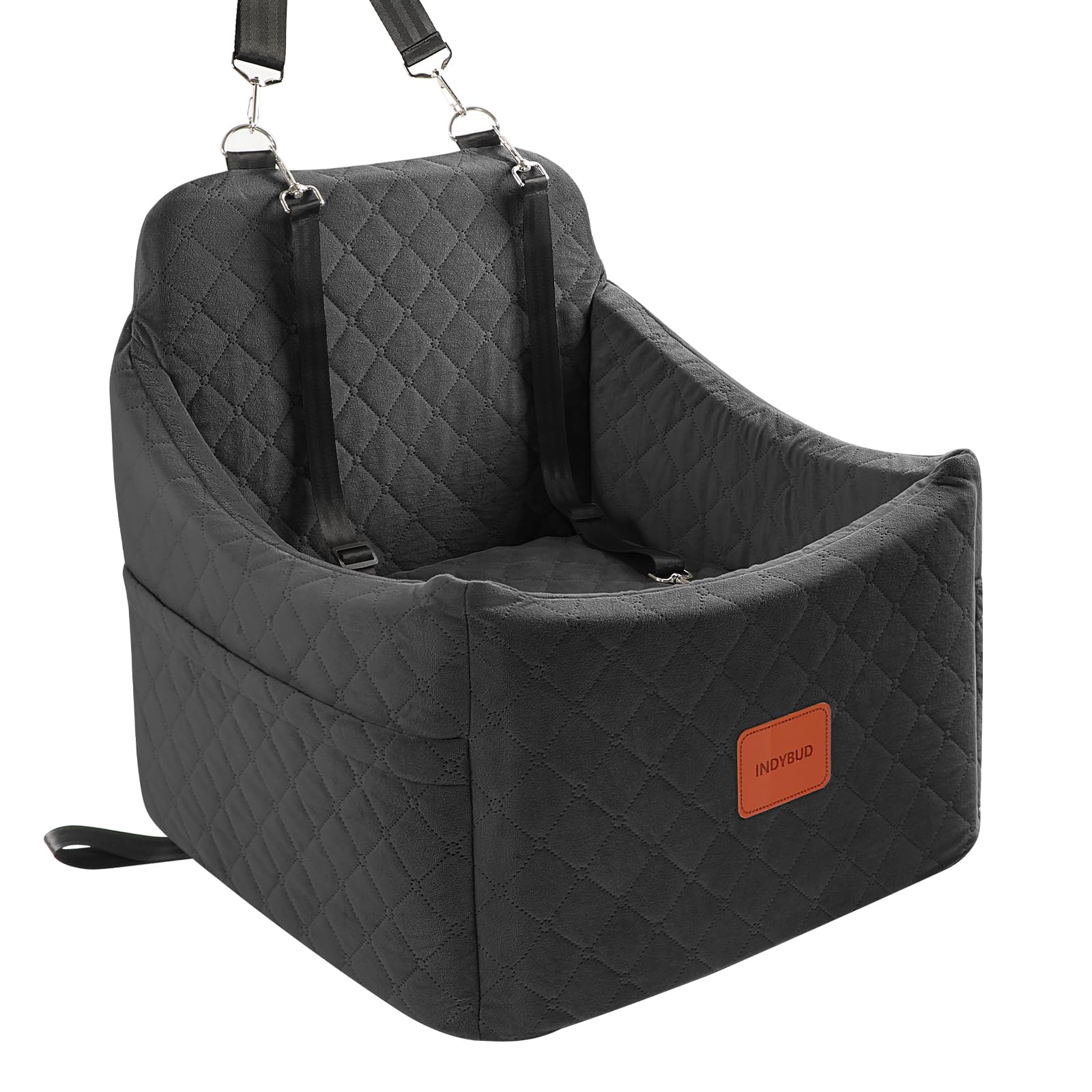 INDYBUD Memory Foam Hundeautositz erhöht – Schwarz, Mittel. Rechteckiger, schwarzer Sitz. Bietet kleinen Hunden erhöhte Sicht und Sicherheit im Auto.