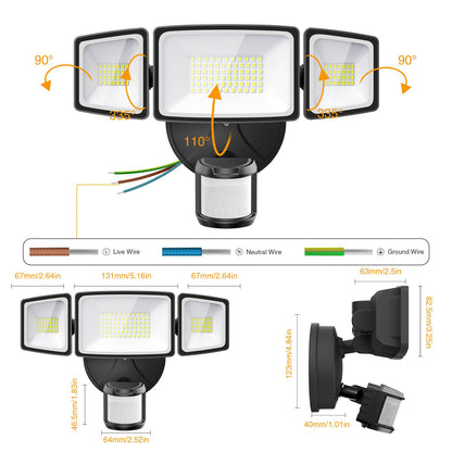 Onforu LED Strahler mit Bewegungsmelder Aussen 55W, 3 Köpfe, IP65
