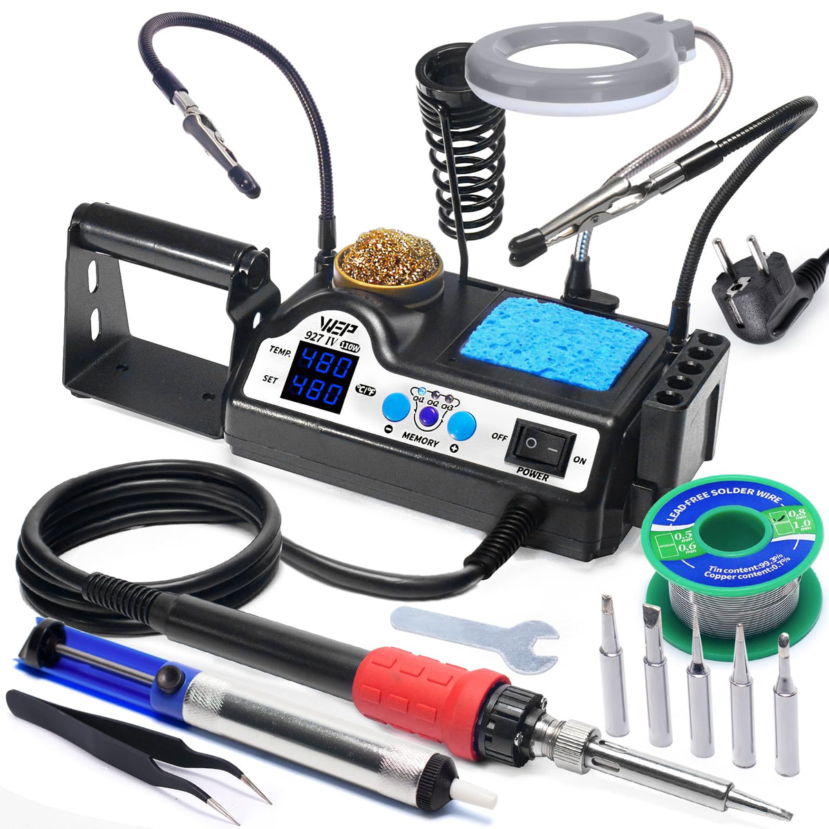 WEP 927-IV V1 Lötstation Profi Set 110W - EU Stecker: Rechteckige Basisstation, inkl. Lötkolben, Zubehör. Für präzises Löten elektron. Bauteile.