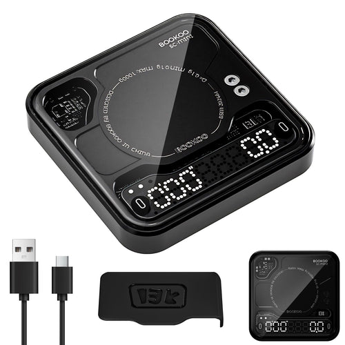 BOOKOO Kaffeewaage mit Timer, Bluetooth Espresso-Waage, 0,1 g – Digitalwaage mit LED-Anzeige und Glasoberfläche