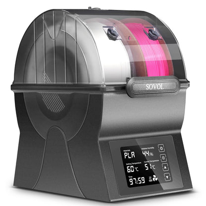 Sovol SH02 3D Filament Trockner – 2 Rollen mit Touchscreen. Schwarzes, rechteckiges Gehäuse trocknet 3D-Druck-Filament zur Qualitätsverbesserung.
