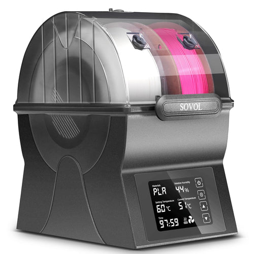 Sovol SH02 3D Filament Trockner – 2 Rollen mit Touchscreen. Schwarzes, rechteckiges Gehäuse trocknet 3D-Druck-Filament zur Qualitätsverbesserung.