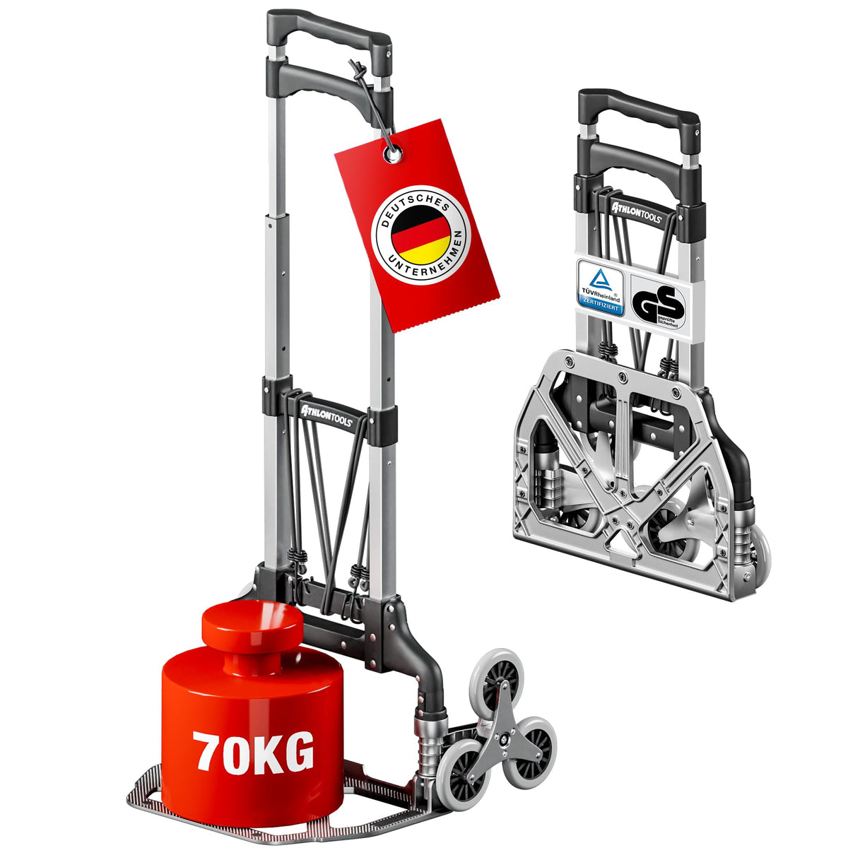 ATHLON TOOLS Treppen-Sackkarre, klappbar, Aluminium, 70 kg Tragkraft – Teleskopgriff und sechs Räder