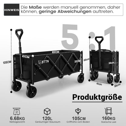 BTTN Bollerwagen faltbar 120 L, belastbar bis 160 kg, schwarz
