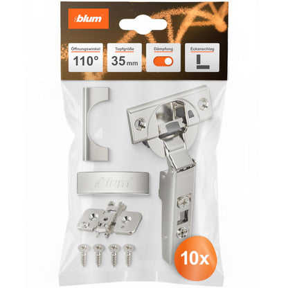Blum CLIP top BLUMOTION Möbelscharnier 110° Softclose, 10 Stück, vernickelte Topfscharniere mit Kreuzmontageplatte