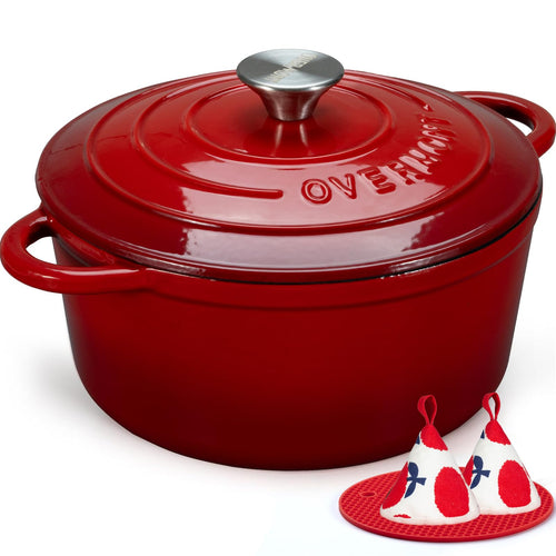 Overmont Gusseisen Bräter Schmortopf Emaille 28cm – Rot. Roter, runder, emaillierter Gusseisen-Topf mit Deckel zum Schmoren und Braten.