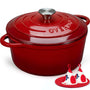 Overmont Gusseisen Bräter Schmortopf Emaille 28cm – Rot. Roter, runder, emaillierter Gusseisen-Topf mit Deckel zum Schmoren und Braten.