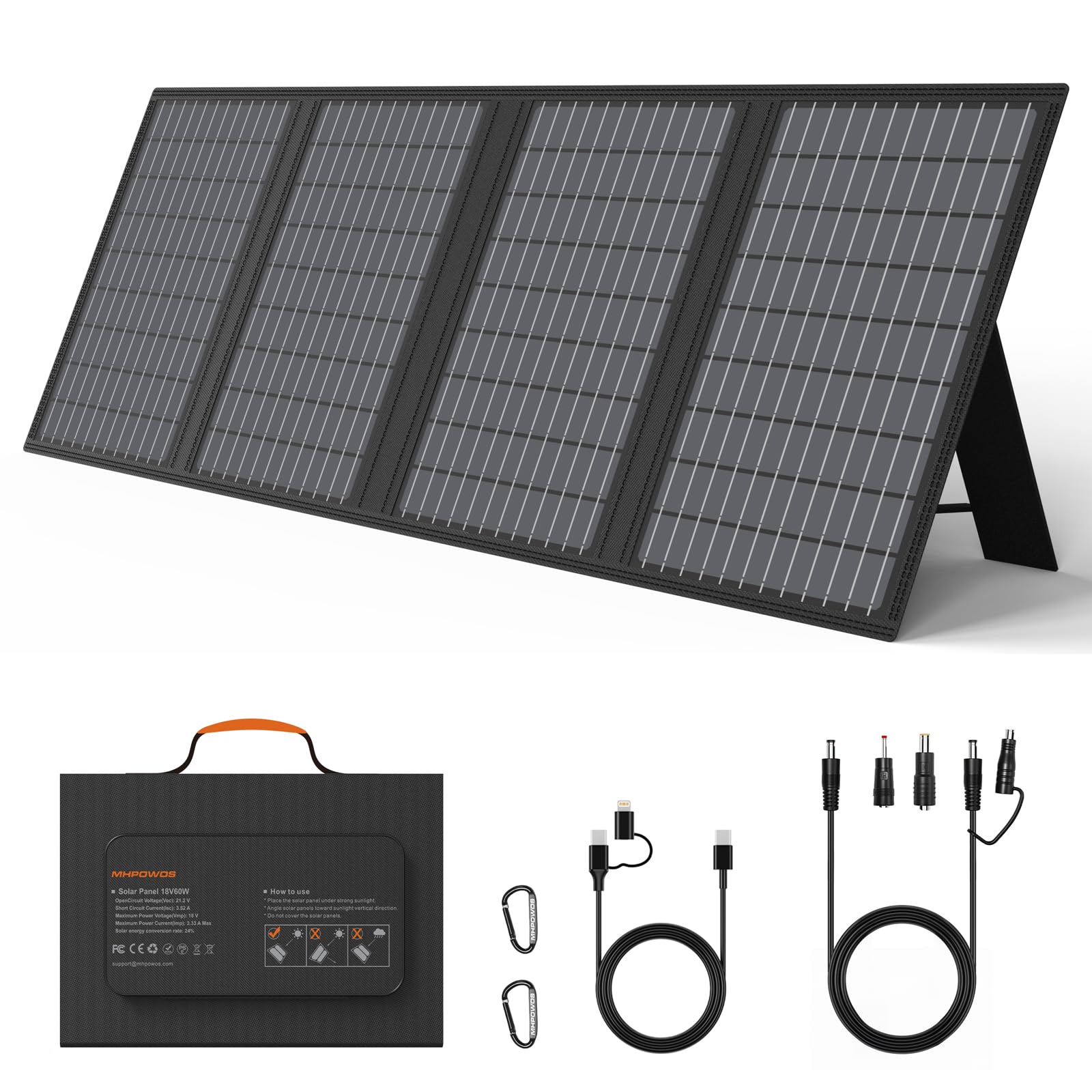 MHPOWOS 60W Faltbares Outdoor Solarpanel Ladegerät. Schwarzes, rechteckiges Solarmodul, faltbar. Wandelt Sonnenlicht zum Laden von Geräten im Freien.
