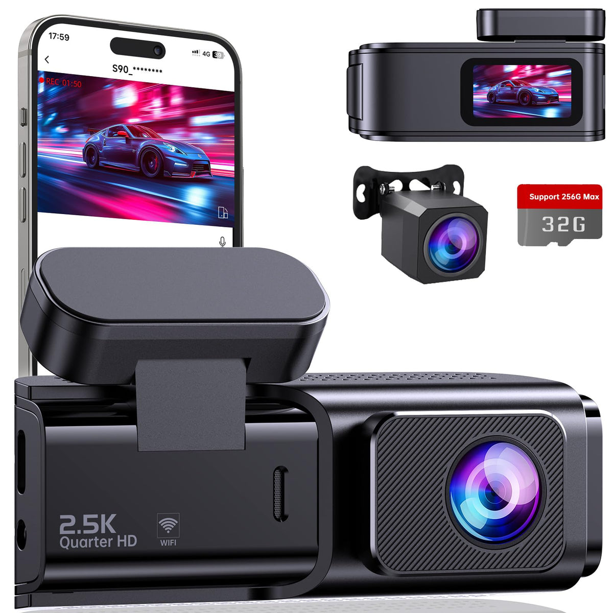 Premium Dashcam Vorne+Hinten Autokamera - 2.5K/1080p WiFi 32GB. Zwei kompakte, schwarze Kameras. Nimmt Fahrten in 2.5K/1080p auf, sichert Beweise.