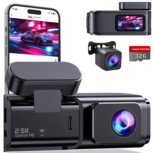 Premium Dashcam Vorne+Hinten Autokamera - 2.5K/1080p WiFi 32GB. Zwei kompakte, schwarze Kameras. Nimmt Fahrten in 2.5K/1080p auf, sichert Beweise.