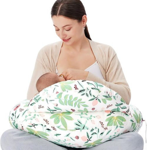 momcozy Stillkissen Gross mit Sicherheitsumrandung - Plante & Wald. U-förmig. Ergonomische Stillstütze & sichere Baby-Ablage.