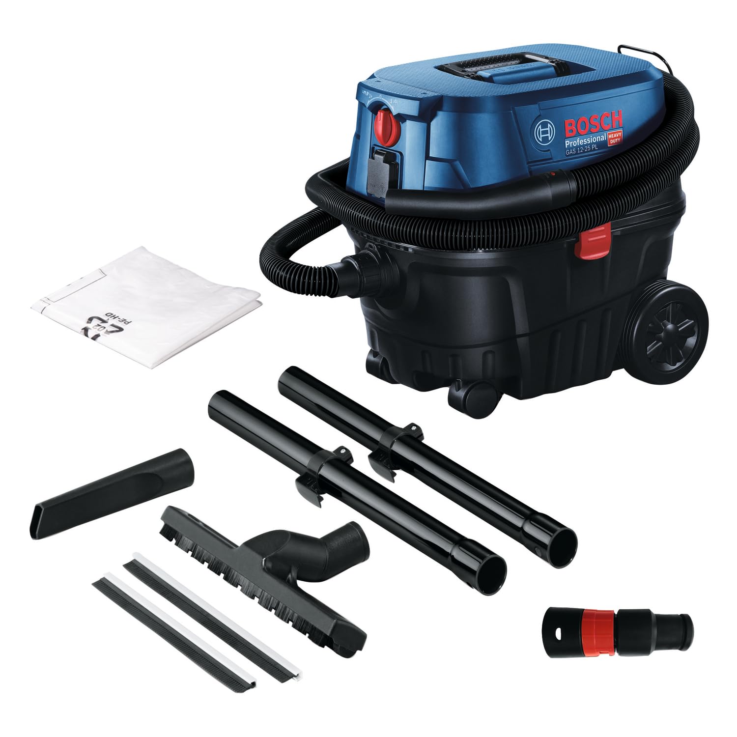 Bosch Professional GAS 12-25 PL Nass-/Trockensauger. Blauer, kompakter Kubus mit schwarzem Griff und Rollen. Reinigt Staub und Flüssigkeiten.