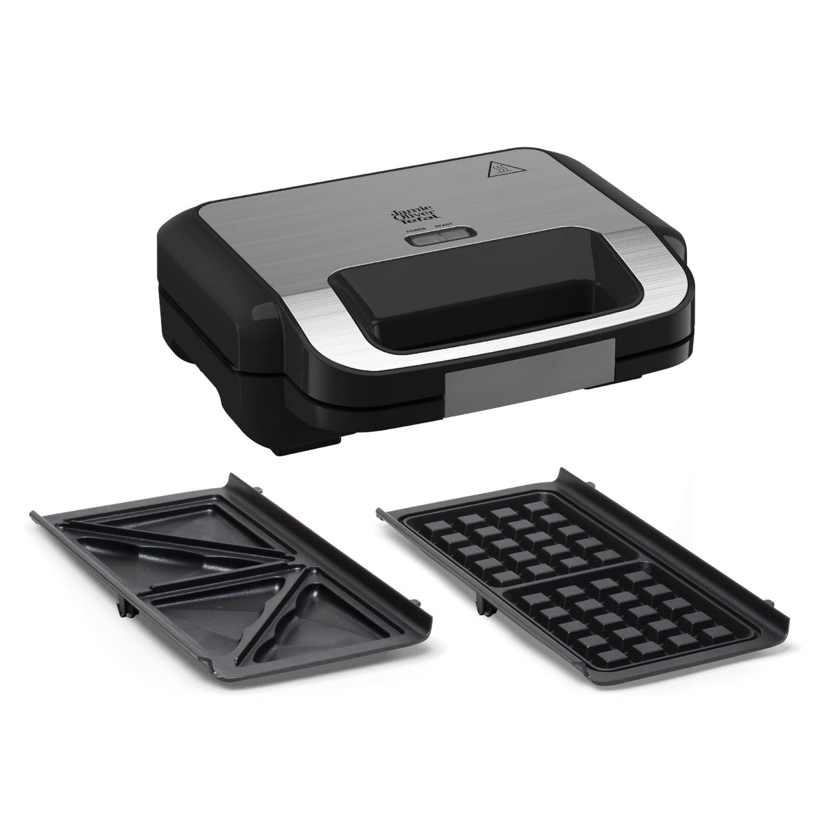 Tefal Jamie Oliver 2-in-1 Sandwich-Waffel-Kombigerät - SW70J810. Rechteckiges, silber-schwarzes Gerät zum Zubereiten von Sandwiches und Waffeln.
