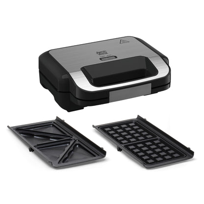 Tefal Jamie Oliver 2-in-1 Sandwich-Waffel-Kombigerät - SW70J810. Rechteckiges, silber-schwarzes Gerät zum Zubereiten von Sandwiches und Waffeln.
