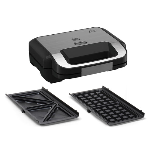 Tefal Jamie Oliver 2-in-1 Sandwich-Waffel-Kombigerät - SW70J810. Rechteckiges, silber-schwarzes Gerät zum Zubereiten von Sandwiches und Waffeln.