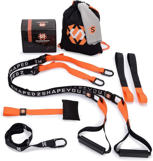 Septagon Sports Premium Sling Trainer Set Schlingentrainer - V.2025: Schwarze Gurte mit Griffen für Suspensionstraining.