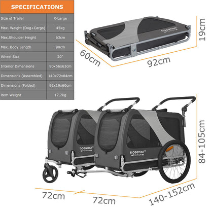 DOGGYHUT Premium XL 2-in-1 Hundefahrradanhänger & Jogger, grau