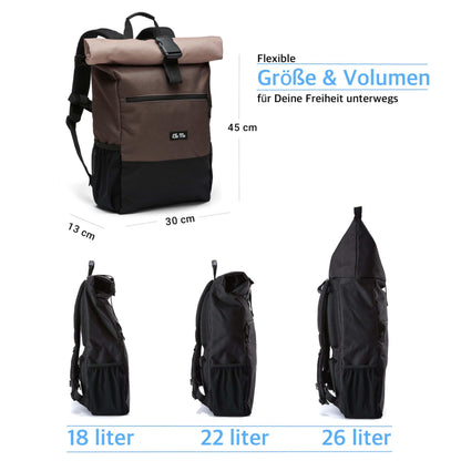 Ela Mo Rolltop Rucksack Damen mit Laptopfach und USB, Sand & Olive