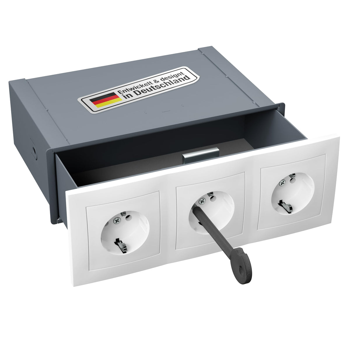advanSecure® Steckdosen-Tresor – 3er-Steckdosen-Attrappe. Weiße, rechteckige 3er-Schuko-Attrappe für sicheres Wandversteck.