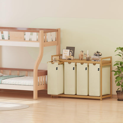 AdelDream Wäschekorb 200L mit 4 Fächern, Bambusrahmen, Beige