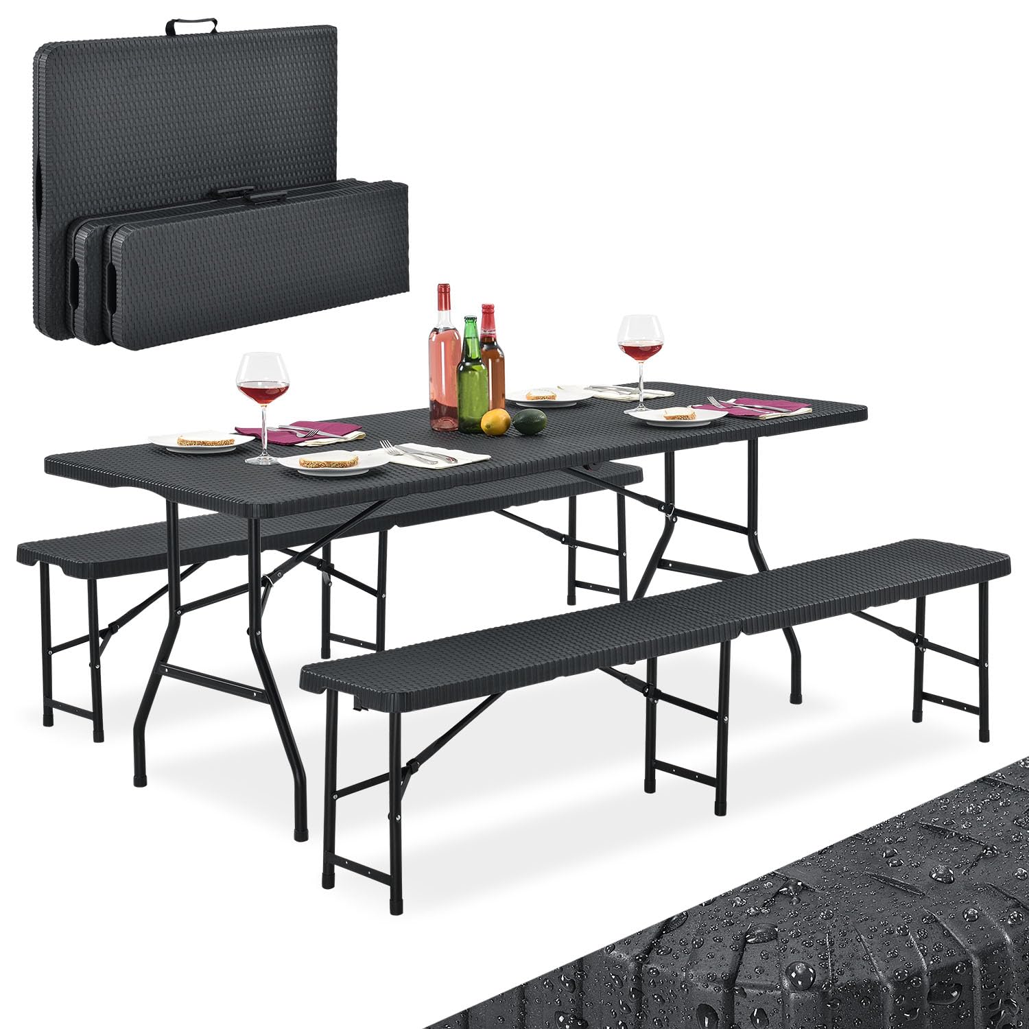 Juskys Bierzeltgarnitur Amberg Set 3-teilig klappbar Rattan-Optik. Klappbare Sitzgruppe in Rattan-Optik für Gastronomie und private Events.