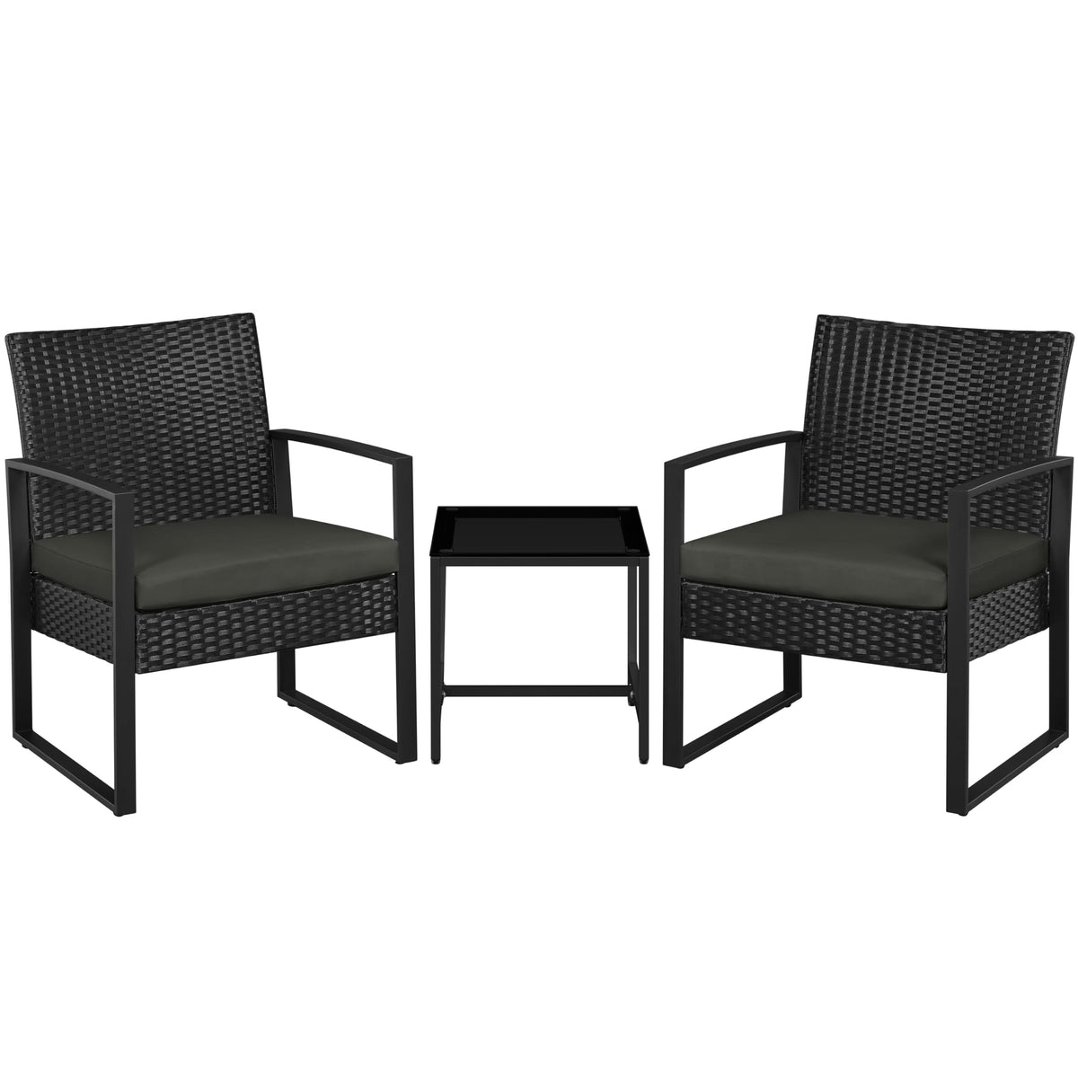 Yaheetech Balkonmöbel Set aus Polyrattan, 3-teilig, 2 Stühle & Tisch in Schwarz-Grau mit Sitzkissen