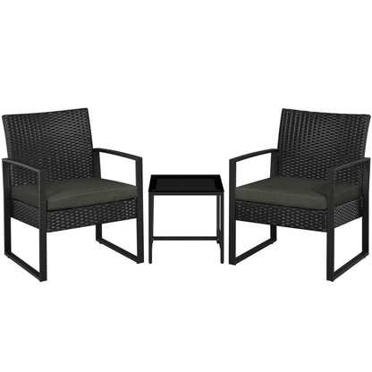 Yaheetech Balkonmöbel Set aus Polyrattan, 3-teilig, 2 Stühle & Tisch in Schwarz-Grau mit Sitzkissen