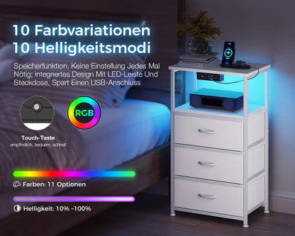 Coleshome Nachttisch Weiss mit Steckdose, USB und LED, 3 Schubladen