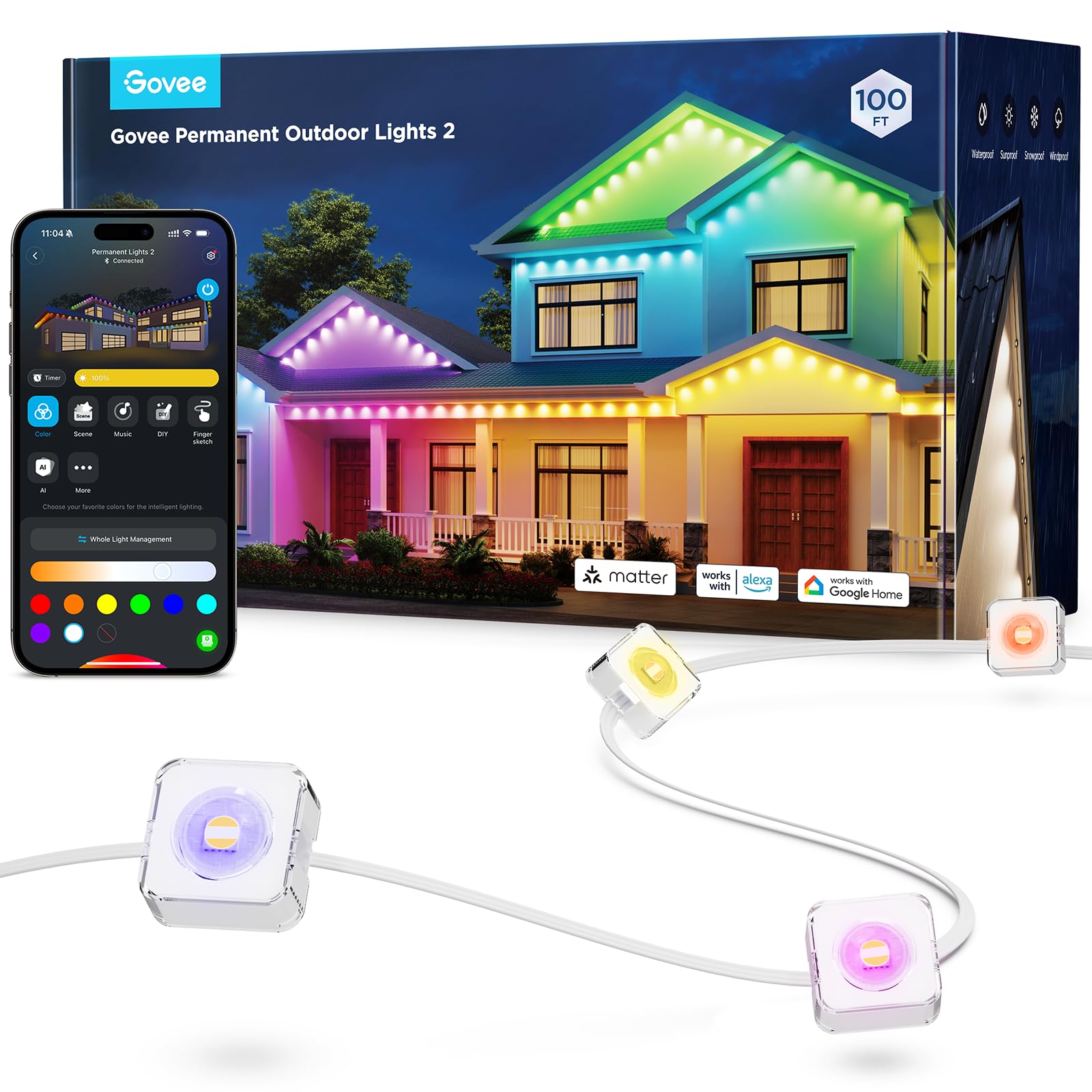 Govee Permanent Outdoor Lights 2 RGBIC Lichterkette - 30m Weiss. Weiße 30m RGBIC-Lichterkette zur permanenten Außenbeleuchtung.