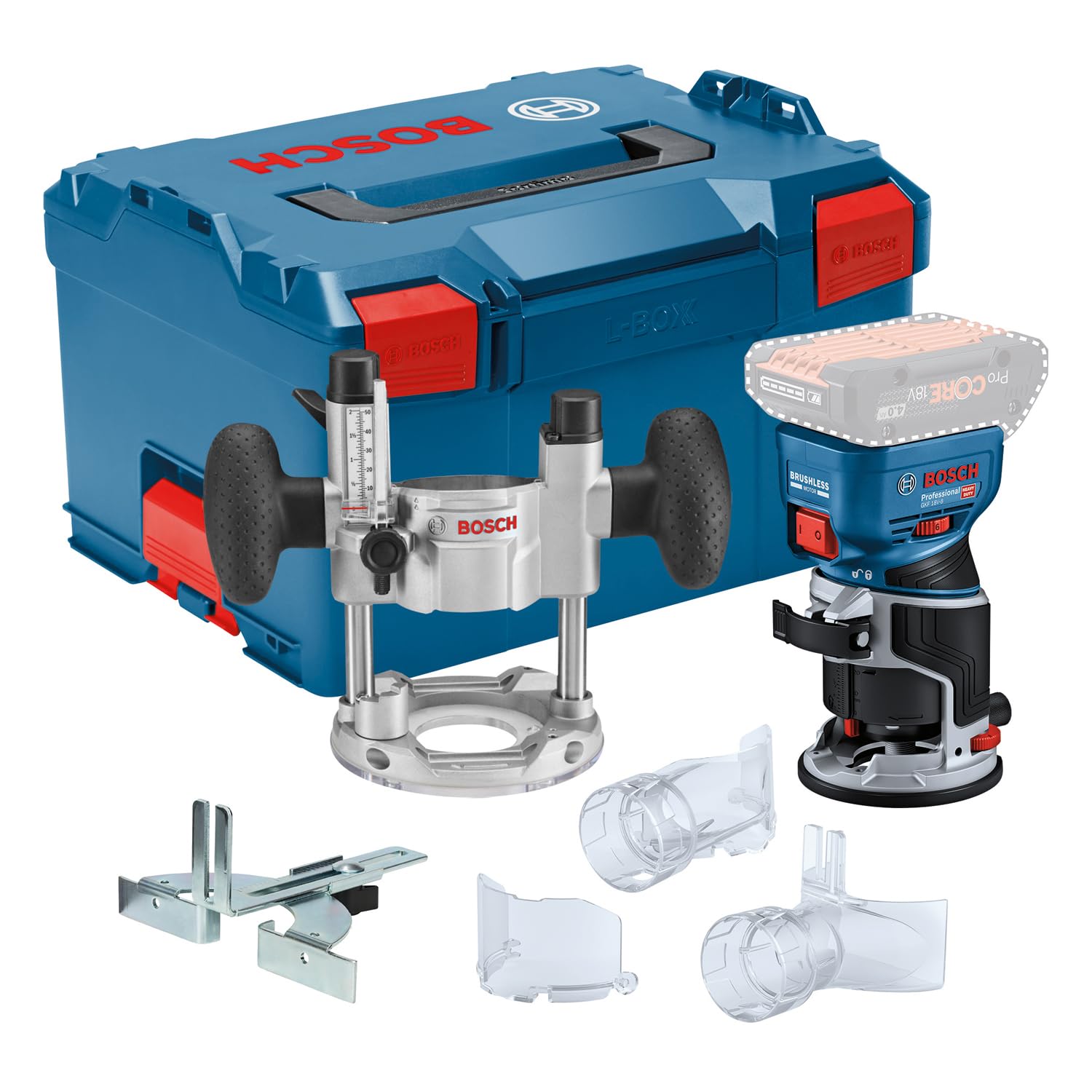 Bosch Professional GKF 18V-8 Akku-Kantenfräse Solo L-BOXX: Kompakte, blaue Kantenfräse. Präzises Abrunden und Profilieren von Holzkanten.