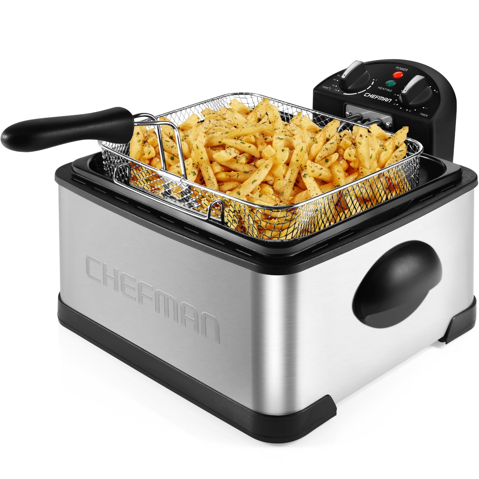 Chefman 4,3L Fritteuse XL – Edelstahl, Timer & Temp. einstellbar. Edelstahlkorpus für präzises Frittieren von Speisen.
