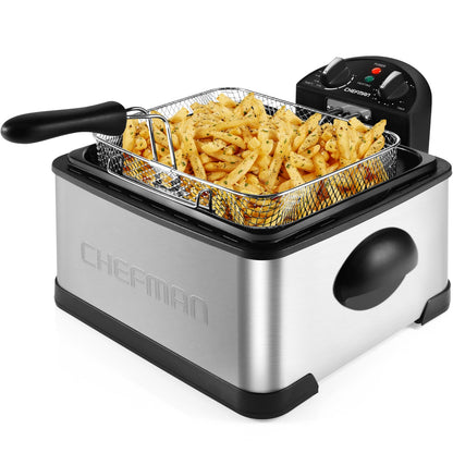 Chefman 4,3L Fritteuse XL – Edelstahl, Timer & Temp. einstellbar. Edelstahlkorpus für präzises Frittieren von Speisen.