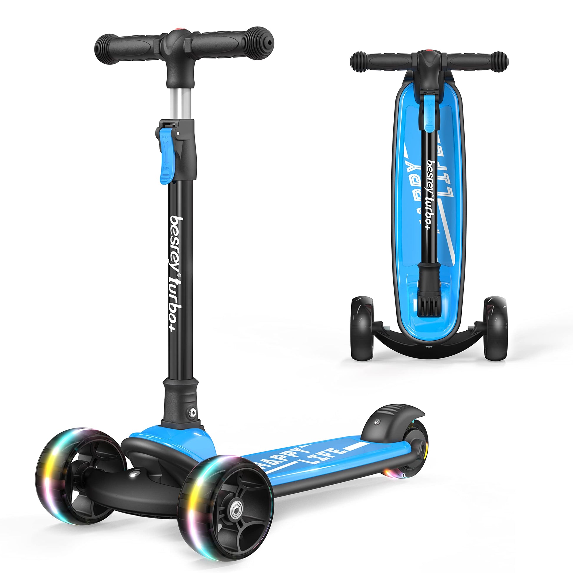 besrey Kinder Dreiradscooter - Faltbar, LED Leuchträder. Faltbarer Dreiradscooter mit LED Leuchträdern für Kinder zum sicheren Fahren.