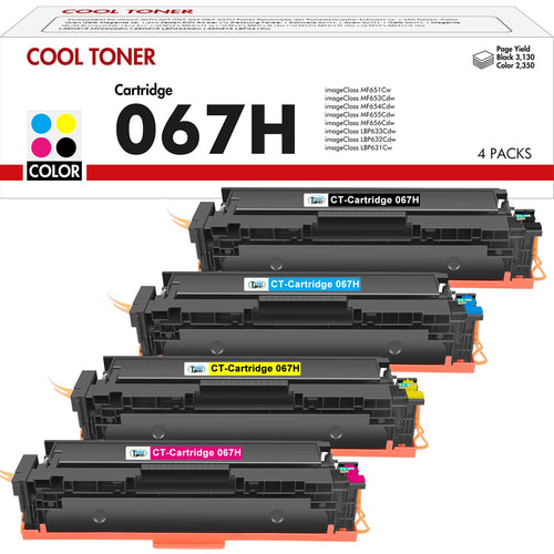 Canon 067H Kompatibles Tonerkartuschen-Set - CMYK 4er-Set: Vier rechteckige CMYK-Kartuschen erzeugen Farbdrucke im Laserdrucker.