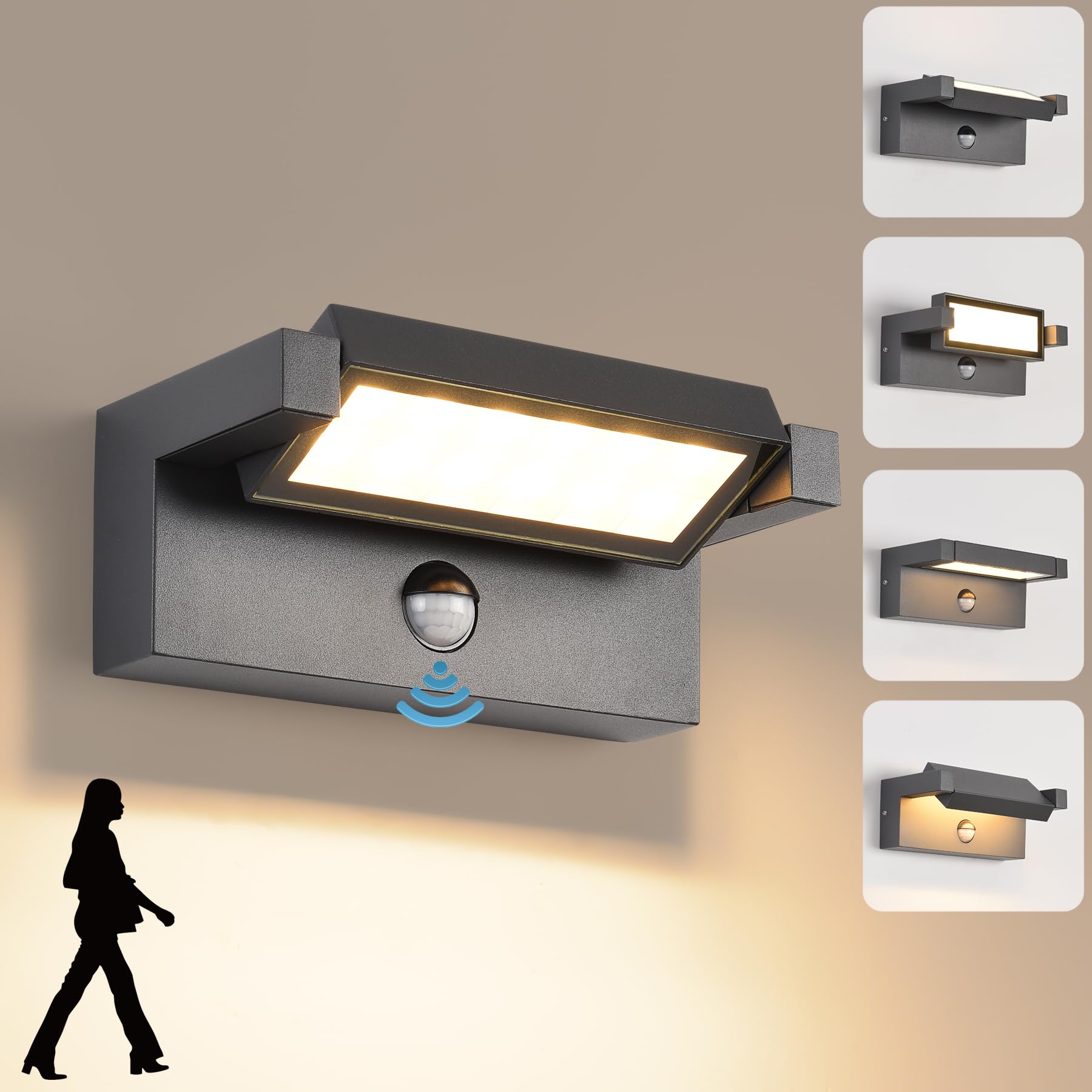 LED Wandleuchte Aussen Innen mit Bewegungsmelder, dunkelgrau, mit schwenkbarem Panel. Spendet 3000K warmweißes IP65 Licht für Garten, Terrasse.