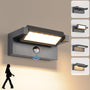 LED Wandleuchte Aussen Innen mit Bewegungsmelder, dunkelgrau, mit schwenkbarem Panel. Spendet 3000K warmweißes IP65 Licht für Garten, Terrasse.