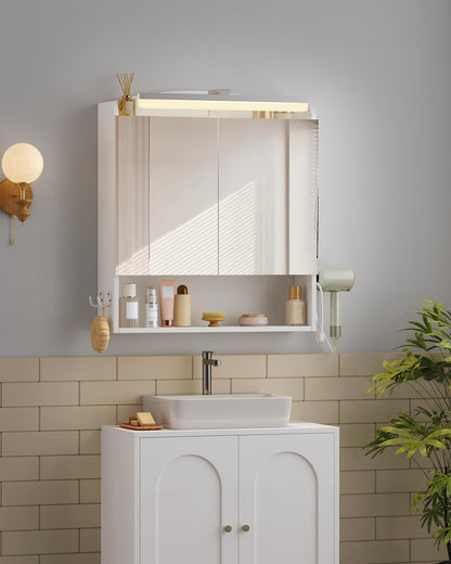 Hzuaneri Spiegelschrank mit LED-Beleuchtung und Föhnhalter, weiss