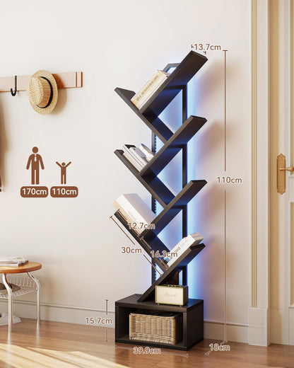 Coleshome Bücherregal Baumform mit Lichtband, 6 Ebenen, Schwarz aus Holz mit Metallrückwand