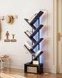 Coleshome Bücherregal Baumform mit Lichtband, 6 Ebenen, Schwarz aus Holz mit Metallrückwand