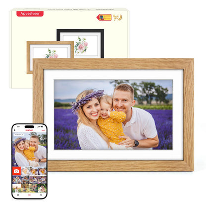 Digitaler Bilderrahmen Holz WLAN 10.1 Zoll – 32GB Eichenholz: Eichenholzrahmen mit 10.1 Zoll Display. Zeigt Fotos per WLAN an.