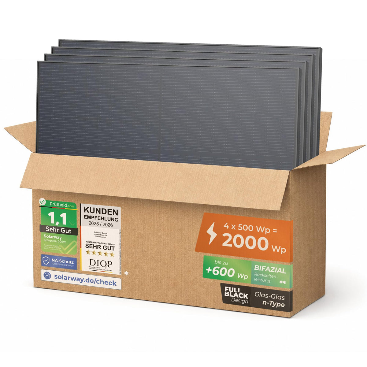 Solarway Solarpanel 500W Full Black Bifazial Glas/Glas PV-Modul mit schwarzem Doppelglas