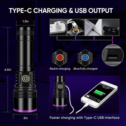 LUXNOVAQ UV-Taschenlampe 365 nm 30W Schwarzlicht aufladbar