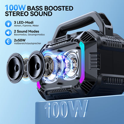 Wilody 100W Bluetooth Lautsprecher tragbar, IPX7 wasserdicht, Schwarz