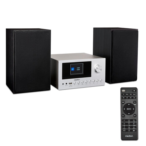 MEDION P85003 Micro Audio System Kompaktanlage - Silber. Wiedergabe von CDs, UKW/DAB+ Radio und Bluetooth-Streaming.