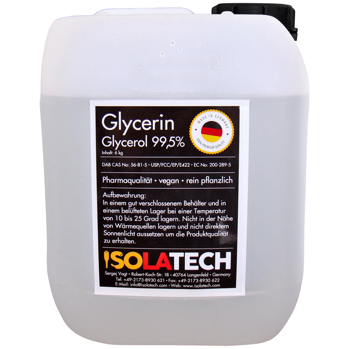 ISOLATECH Glycerin 99,5% Pharmaqualität, pflanzlich, 5L Kanister mit transparenter Flüssigkeit