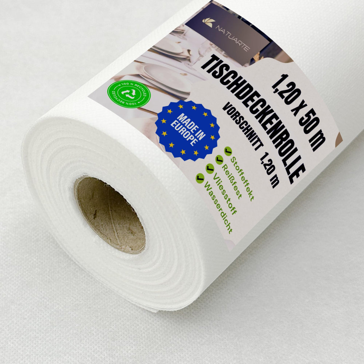 NATUARTE Tischdeckenrolle 1,20 x 50 m, stoffähnliches Vlies, weiss, Vorschnitt alle 1,20 m, für Feste und Partys