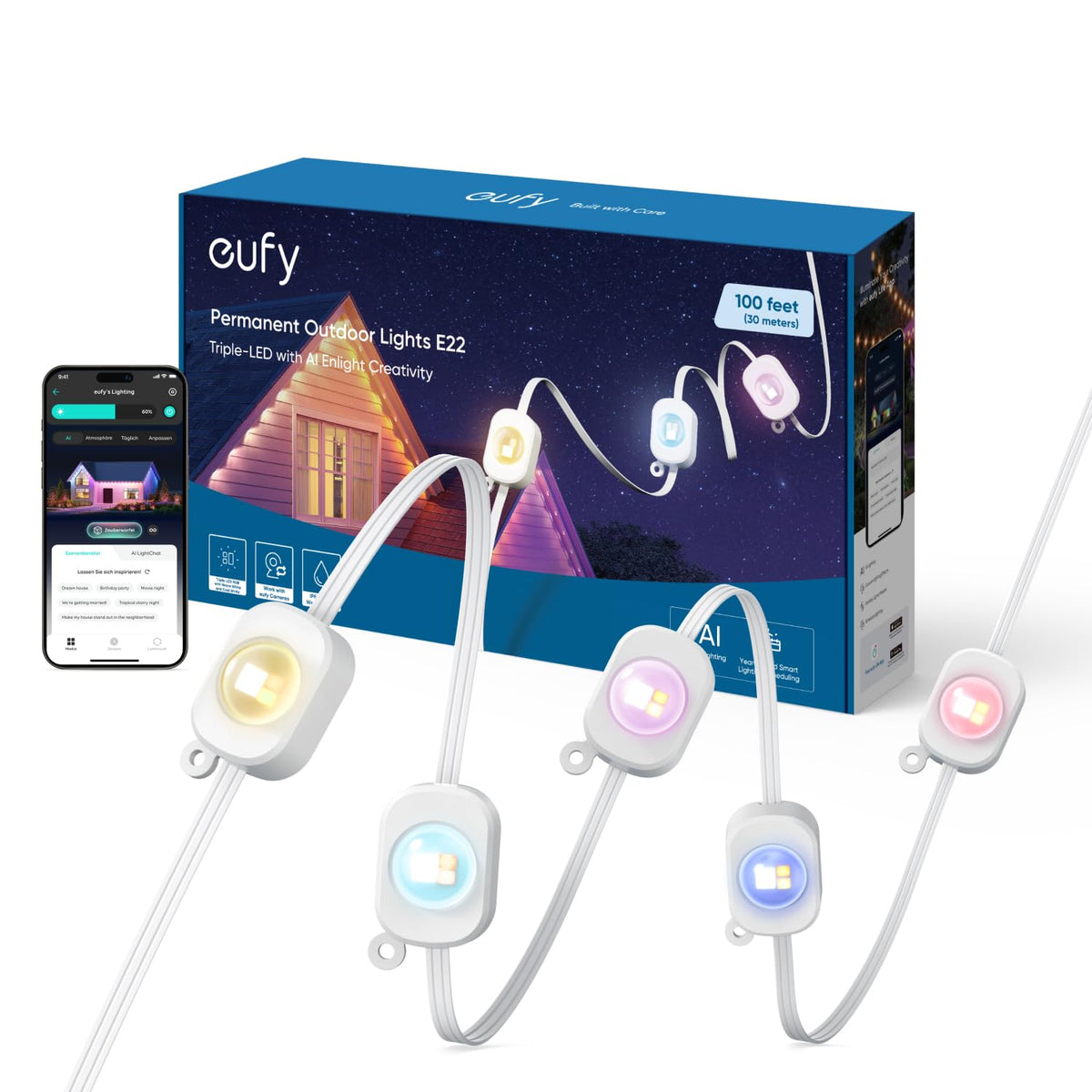 eufy E22 Festinstallierte Aussen-Lichterkette – Smart RGBWW 30m. Schwarze RGBWW-Lichterkette zur smarten Aussenbeleuchtung.